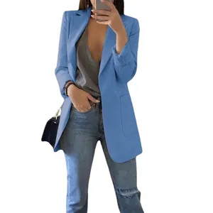 Elegant slim fit solid blue blazer jacket with lapel collar for women office wear