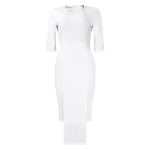 Front view of an elegant white office bodycon dress featuring a unique draped panel detail