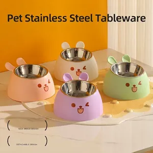 Cute rabbit ear stainless steel elevated pet bowl with neck protection for cats