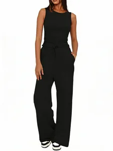 Set donna top senza maniche girocollo e pantaloni a gamba larga a vita alta alla moda
