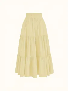 Full view of light yellow tiered maxi skirt featuring a smocked elastic high waist.