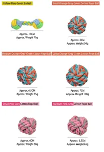 Detailed view of various sizes and color combinations for braided cotton rope dog toys