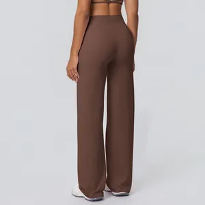 Rear view of comfortable brown high-waist wide-leg yoga pants with brushed texture