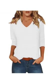 Elegant women's white V-neck casual T-shirt featuring versatile 3/4 sleeves for daily style