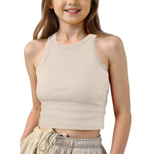 Detailed view of a beige ribbed sleeveless crop top for kids, perfect for summer.