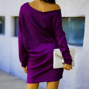 Back view of a purple textured one-shoulder dress with long sleeves for women