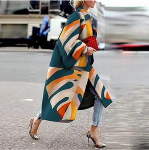 Women's oversized digital print woolen coat with abstract leaf pattern for street style