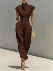 Modern brown high-neck sleeveless jumpsuit set for a professional commuting style