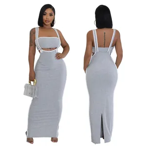 Front and back view of grey two-piece bodycon maxi dress with white piping.