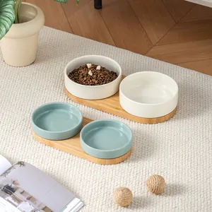Ciotola per Animali in Ceramica Con Supporto in Bambù Tinta Unita Minimalista Anti Ribaltamento Ciotola per Gatti Cani Piccoli
