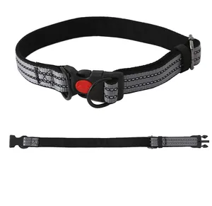 Durable black dog collar featuring grey reflective strips and a red safety lock buckle
