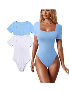 Women's Summer Ribbed Yoga Bodysuit Short Sleeve Square Neck Slim Fit Exercise Athletic Jumpsuit Solid Color Polyester Sportswear