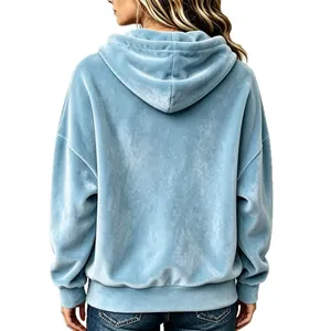 Women's light blue velvet hoodie with a soft texture and a comfortable loose fit