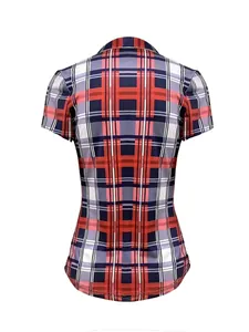 Back view detail of slim fit plaid print top with vibrant red and blue pattern