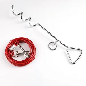 Close-up view of a chrome spiral dog ground stake with a red steel wire leash set