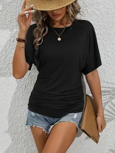Women's black slim fit ruched short sleeve casual T-shirt with round neck for summer