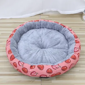 Round Pet Bed For Cats And Dogs Soft Fleece Linen Canvas Warm Cozy Cartoon Print Winter Sleeping Nest For Small Pets