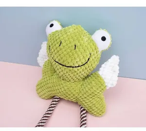 Detailed view of a green plush squeaky frog pet toy with wings and rope legs