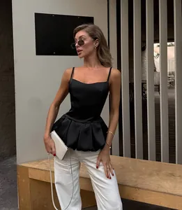 Elegant chic black satin peplum camisole top with refined pleats and sleeveless design.