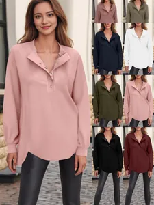 Dames Henley Hals Knoop Lange Mouw Sweatshirt Casual Effen Kleur Ronde Hals Losse Pullover Raglanmouw Top