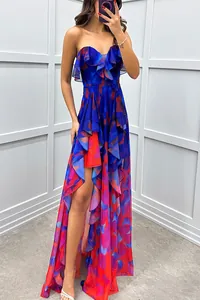 Detailed view of a stylish mesh strapless ruffled maxi dress featuring blue and red floral print