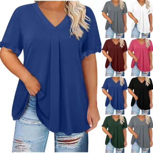 Camiseta casual con cuello en V y mangas con volantes en varios colores sólidos de moda