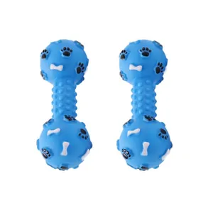 Pair of blue squeaky dumbbell dog toys with paw prints for teeth cleaning and play.