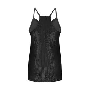 Detailed back view of a women's black sequined sleeveless tank top with thin straps.