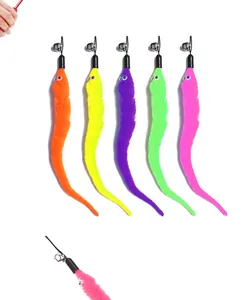 Variety pack of five colorful plush caterpillar cat toy attachments with bells and hooks.