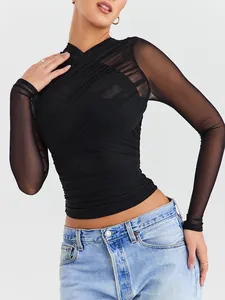 Vintage black sheer mesh long-sleeve top with V-neck wrap design for women