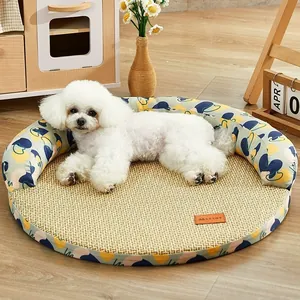 Round cooling pet mat with breathable woven straw surface and floral patterned bolster.