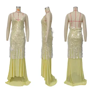 Pale yellow V-neck backless sequined fishtail long dress showing front, side, and back views.