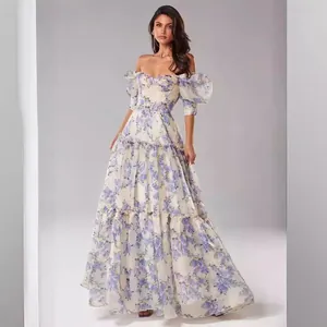 Elegant Women Off-Shoulder Organza Floral Maxi Dress Retro Puff Sleeve Tiered Cake Skirt Ethereal Evening Gown Party Formal Prom Dress