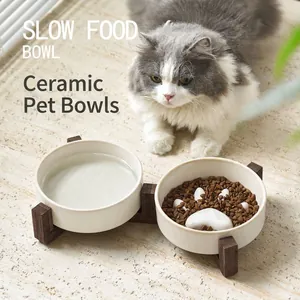 Keramik Slow Feeder Haustiernapf Mit Holzständer Japanischer Stil Ofenwechsel Glasur Kippschutz Nackenschutz Katze Hund Futternapf