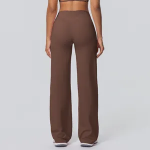 Rear view detail of brown high-waisted wide-leg yoga pants featuring brushed fabric