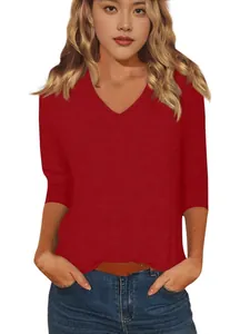 Casual women's red V-neck T-shirt with 3/4 sleeves, perfect for daily versatile styling