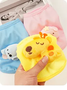 Detail of breathable pet vest with cute 3D plush animal for small dogs and kittens.