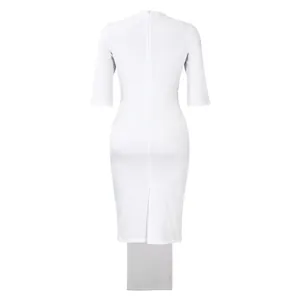 Back view of an elegant white office pencil dress featuring half sleeves and a bottom slit