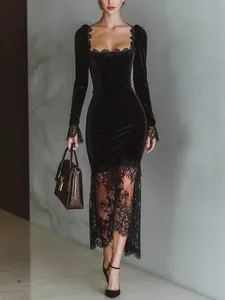 Elegant French vintage black velvet dress with delicate lace trim for evening galas