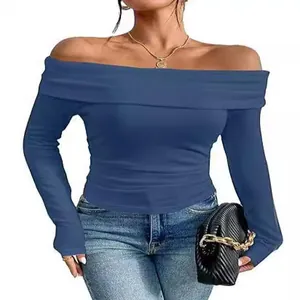 Maglietta da Donna Elegante con Spalle Scoperte Vestibilità Aderente Manica Lunga Poliestere Tinta Unita Top Casual