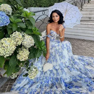 Elegant Women's Off-Shoulder Organza Maxi Dress Floral Print A-Line Sleeveless Party Evening Prom Dress With Straps