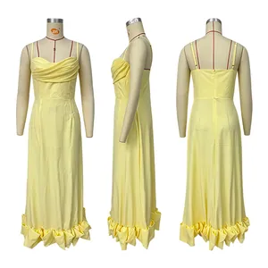 Detailed views of a yellow spaghetti strap maxi dress with ruffled hem and slim fit.