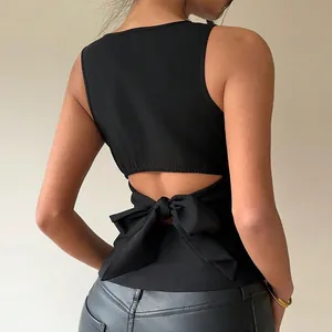 Summer sleeveless slim fit black top featuring an elegant and large bow-knot back design