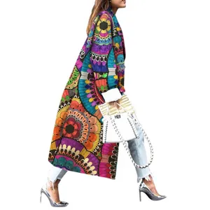 Women's colorful mandala digital print long loose trench coat with white plush cuffs