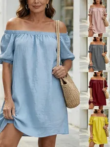 Damen Sommer Schulterfrei Baumwolle Leinen Mini Kleid Lässig Locker Puffärmel Einfarbig Urlaub Strand Sonnenkleid