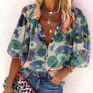 Stylish bohemian floral print V-neck blouse with white button detail and artistic patterns