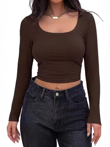 Women's slim fit ribbed long sleeve cropped T-shirt with square neckline in dark brown color.
