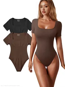 Women's ribbed short sleeve yoga bodysuit in brown and black for fitness workouts