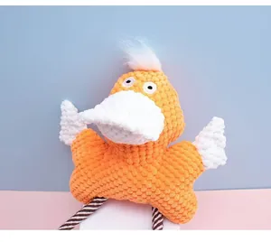 Cute yellow squeaky plush duck dog toy with durable molar ropes for pet interactive play