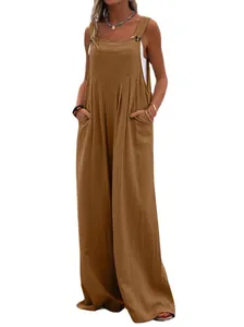 Mono informal sin mangas para mujer de pierna ancha en marrón tierra con tela texturizada